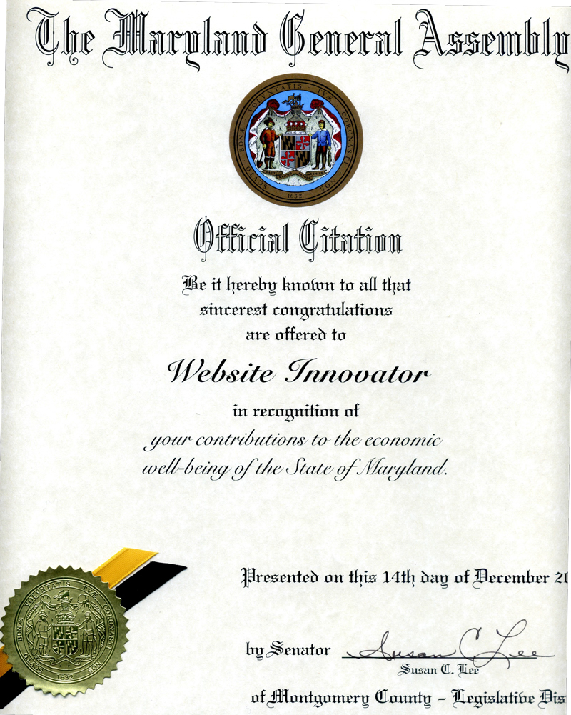 PROIT LLC Certificate from MD Senator