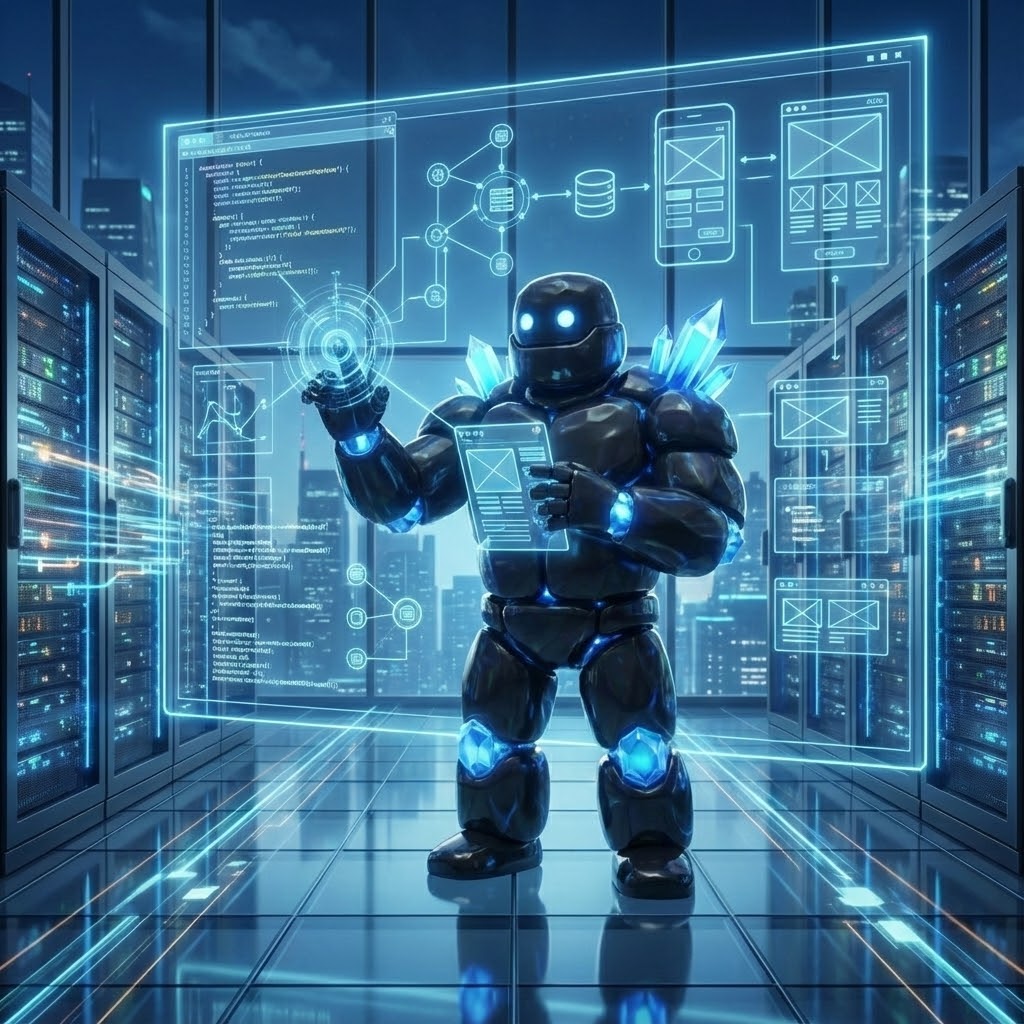 Custom software development illustration featuring GIGA mascot